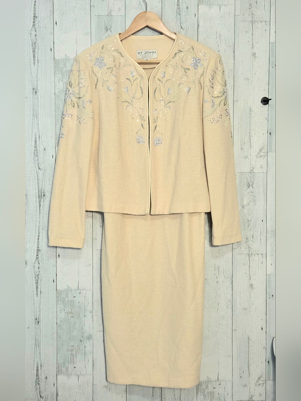 St. John Evening Embroidered Rhinestone Knit Dress Jacket Set Sz. 12